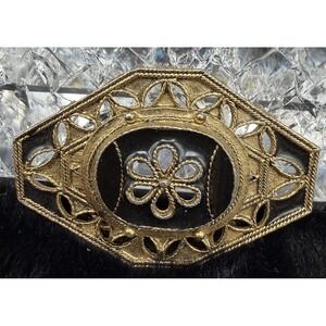 Black Enamel Brooch Gold Tone Ornate Flower Scroll Design Vintage